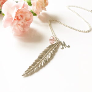 Feather Initial Necklace with Vintage Rose Crystal | Me Me Jewellery