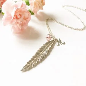 Feather Initial Necklace with Vintage Rose Crystal | Me Me Jewellery