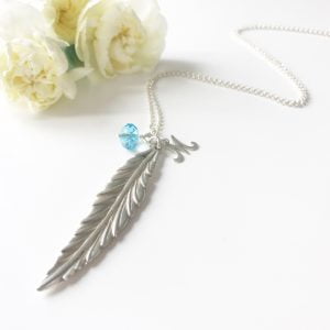Initial Feather Necklace with Aquamarine Crystal | By Me Me Jewellery
