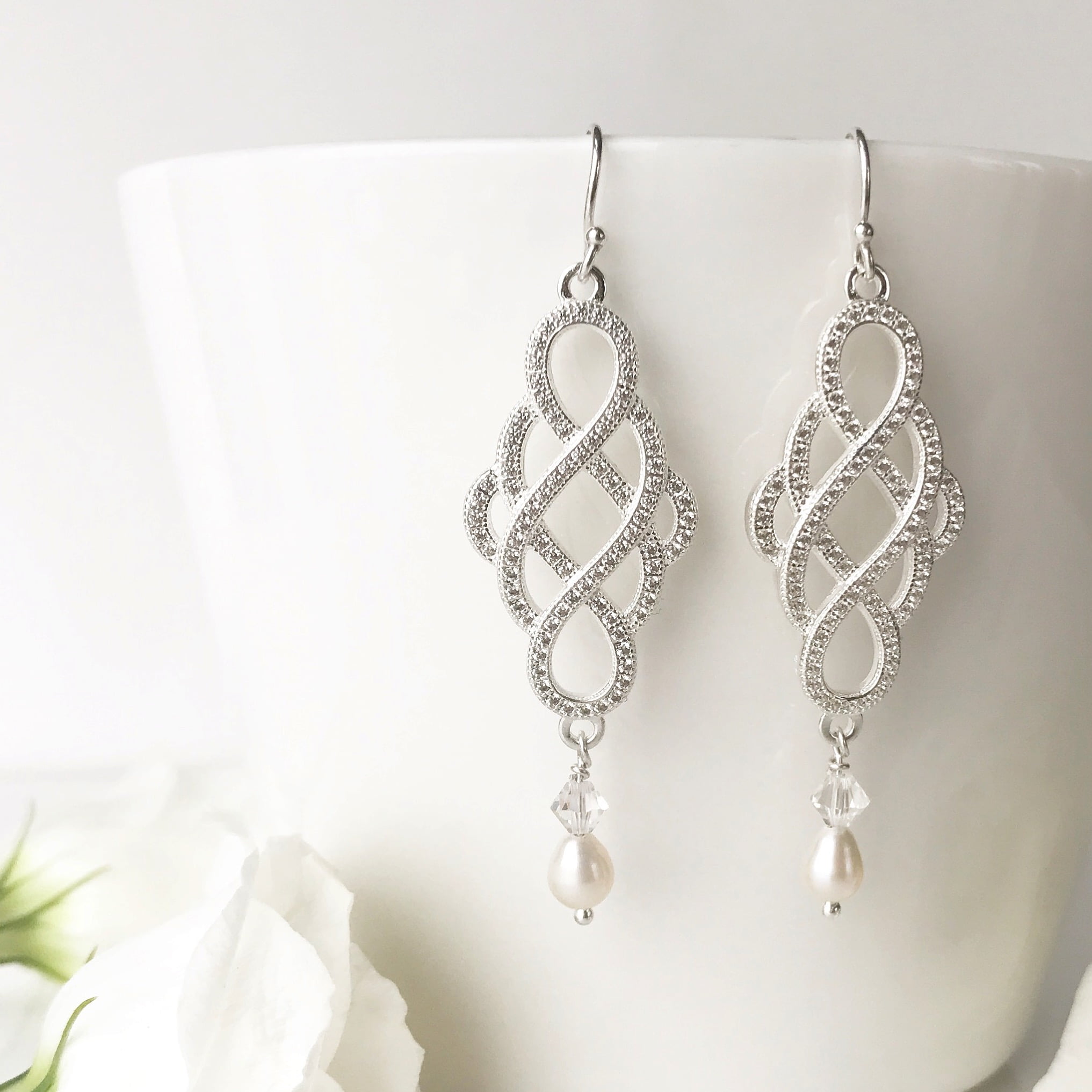 Bridal Love Knot Earrings with Sterling Silver and Freshwater Pearl