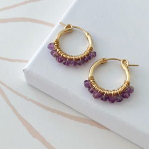Gold Hoop Earrings with Amethyst Gemstones | Me Me Jewellery